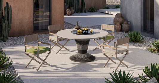 160cm Circular Outdoor table & 4 x Folding Chairs from Sifas - Oskar & Fringes Set